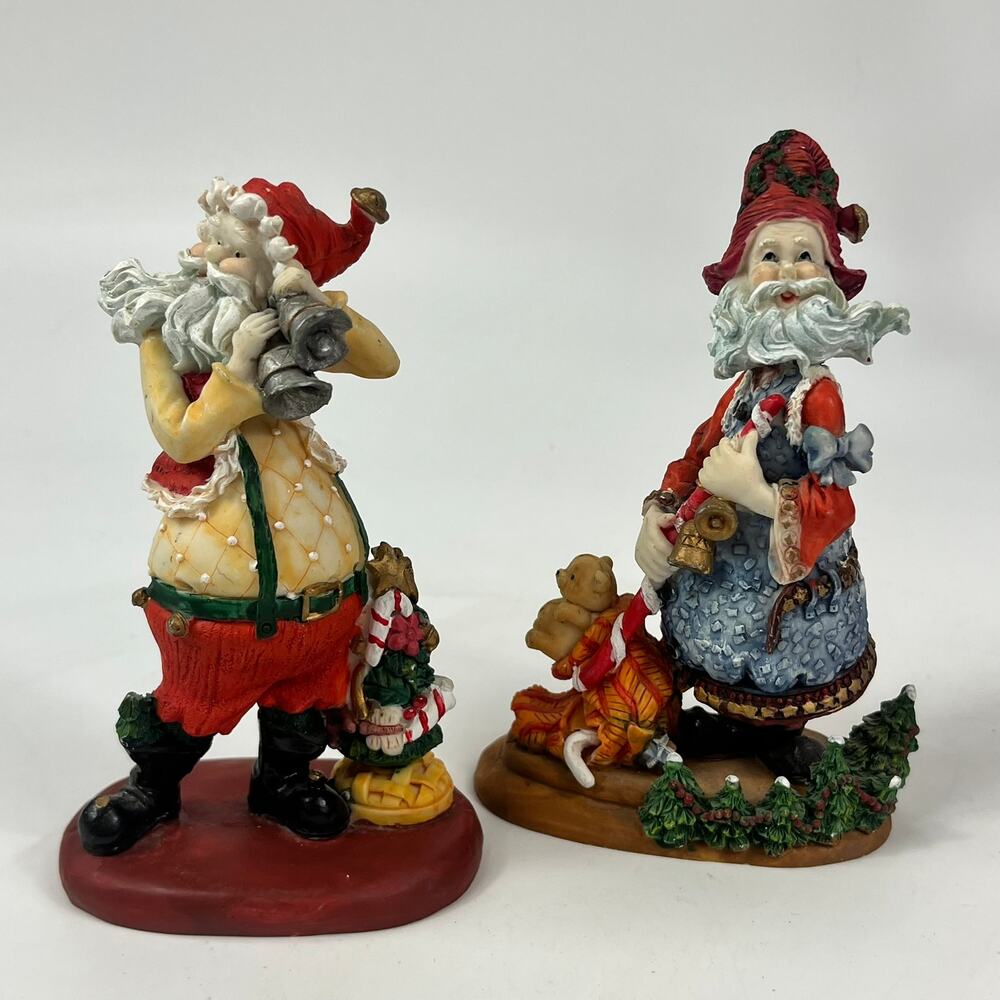 Whimsical Santa Figurines Set Of 2 Resin Christmas Decor 5.5" Tall Hand Painted